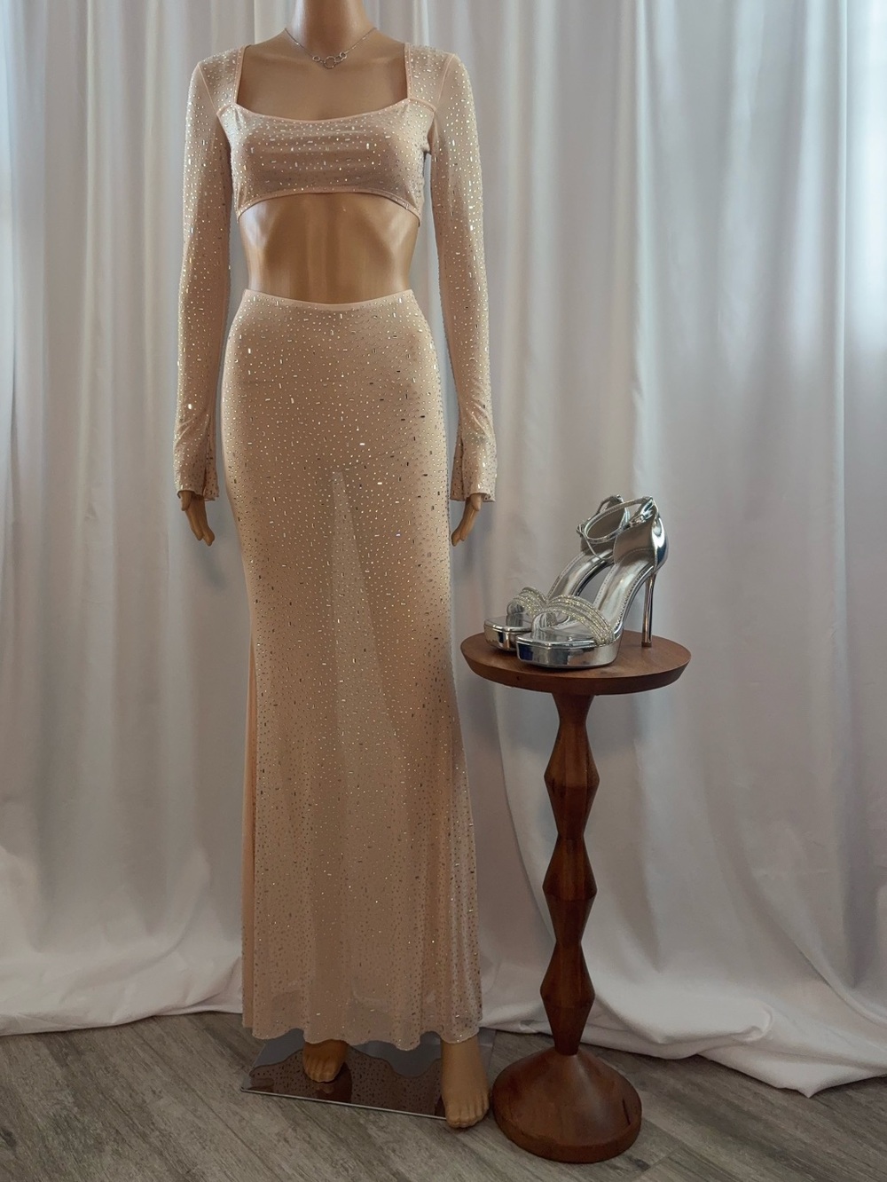 Bella Barnett Rhinestone Mesh Two-Piece — Nude Illusion Crop Top & Maxi Skirt